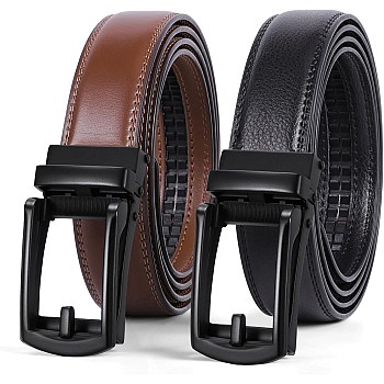 WERFORU Set of 2 Leather Ratchet Dress Belt for Men with Automatic Buckle
