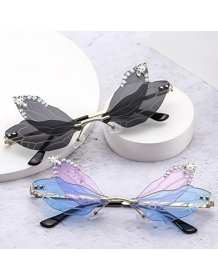 Fashion Eyewear - Unique Irregular Sunglasses with Women’s Dragonfly Wings Design and Eye-Catching Bling Details, Making a Bold Statement for Any Party