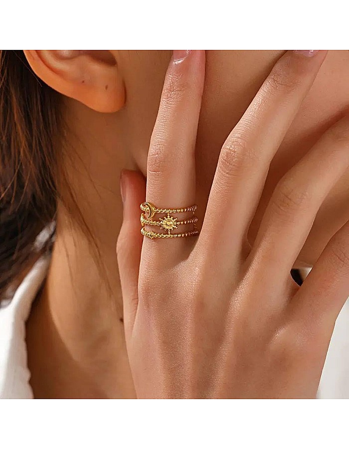 French Retro Multi-layer Hollow Star Moon Open Ring Trend Simple Stainless Steel Ring Adjustable