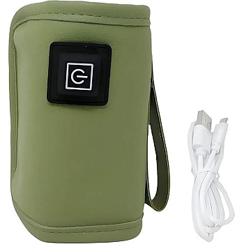 USB Baby Bottle Warmer, Faux Leather, Green, 14.5 x 7 cm, with Charging Cable