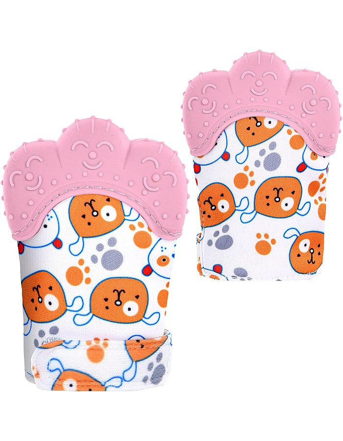Vicloon Baby Teething Gloves, 2 Pack Gloves Teether Toys, BPA Free, Soothes Sore Gums, Stimulates Teething Gloves for 0-6 Months Baby Pink Bear