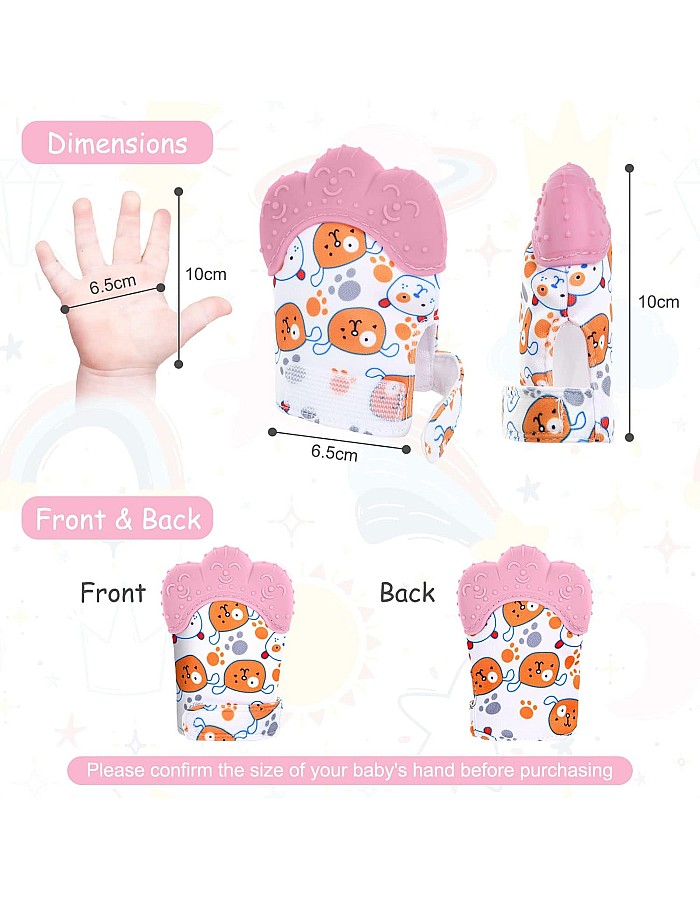 Vicloon Baby Teething Gloves, 2 Pack Gloves Teether Toys, BPA Free, Soothes Sore Gums, Stimulates Teething Gloves for 0-6 Months Baby Pink Bear