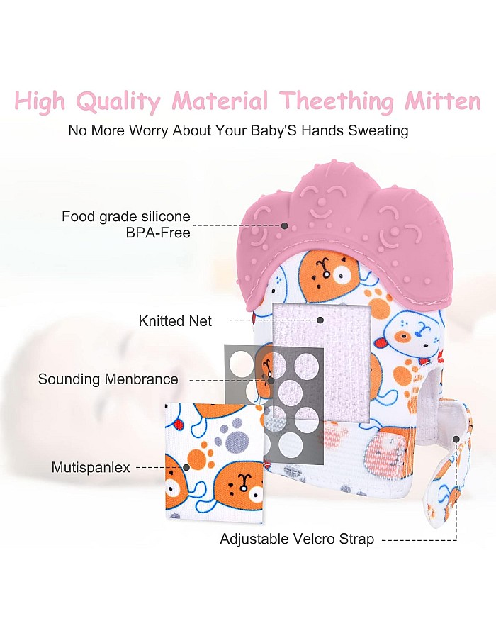 Vicloon Baby Teething Gloves, 2 Pack Gloves Teether Toys, BPA Free, Soothes Sore Gums, Stimulates Teething Gloves for 0-6 Months Baby Pink Bear