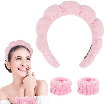 Headband and 2 Hair Bands, Women Sponge Terry Towel Headband for Skin Care, Face Washing, Makeup Removal, Shower, Face Mask Application, Soft and Absorbent Material (Pink, One Size)
