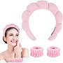 Headband and 2 Hair Bands, Women Sponge Terry Towel Headband for Skin Care, Face Washing, Makeup Removal, Shower, Face Mask Application, Soft and Absorbent Material (Pink, One Size)
