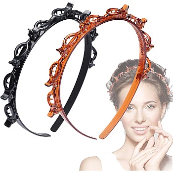 JASSINS 2 Pcs Bangs Hairstyle Hairpin Headband, Professional Weave Bangs Clip, Toothed Headband Braid Tool, Women Girls Fashion Hair Accessories (Black and Brown)