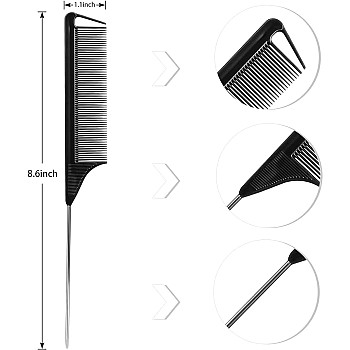 1 Pack Professional Stainless Steel Rat for Parting, Metal Pin Parting with Metal Pick, Black Anti Static Carbon Fiber Fine Tooth Pin Brush for Men and Women