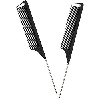A heat-resistant carbon fiber rat tail comb with steel pins for parting hair back, styling roots, and adding volume. (One Size, 1, Count)