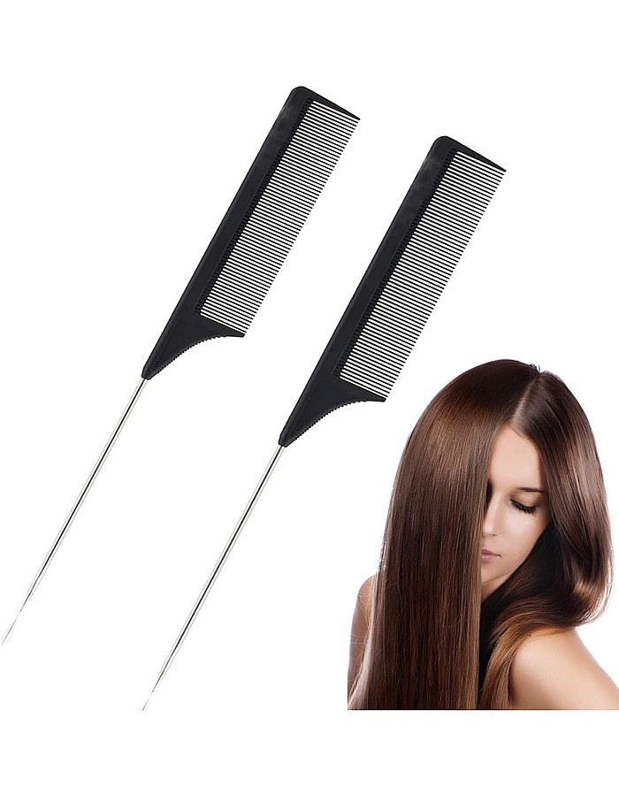 NC Rat Tail Combs 2Pcs Black Carbon Parting Combs General Styling Grooming Comb Anti Static Heat Resistant Teasing Combs Stainless with Steel Metal Pintail Comb Rattail Lift Comb for All Hair Types