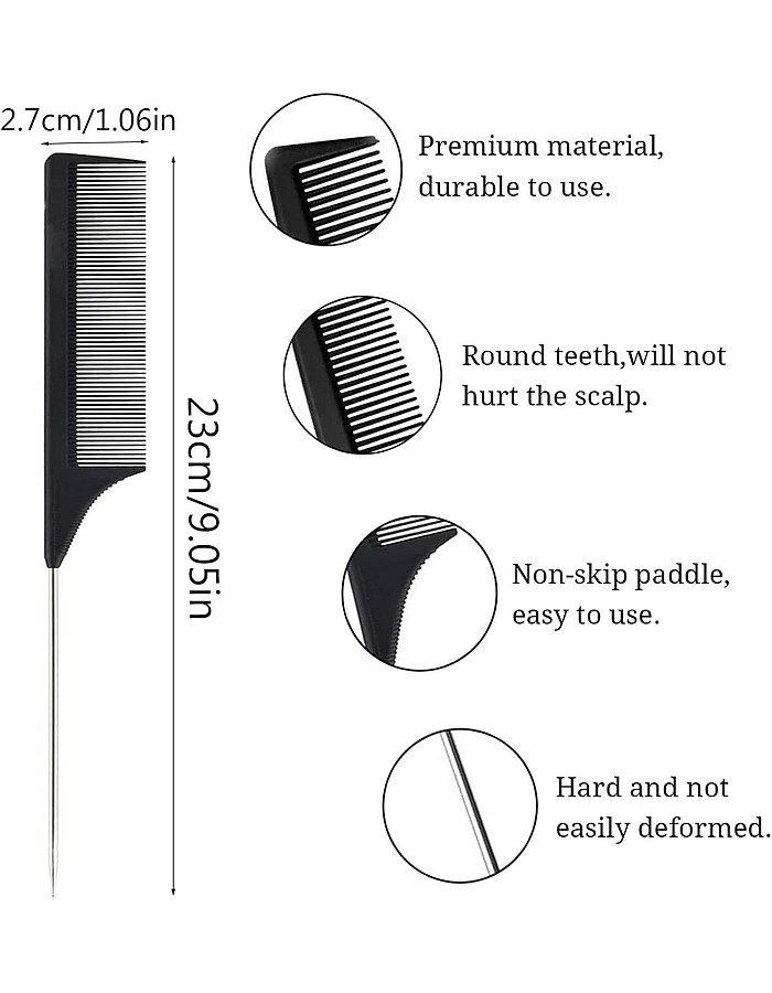 NC Rat Tail Combs 2Pcs Black Carbon Parting Combs General Styling Grooming Comb Anti Static Heat Resistant Teasing Combs Stainless with Steel Metal Pintail Comb Rattail Lift Comb for All Hair Types