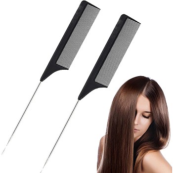 NC Rat Tail Combs 2Pcs Black Carbon Parting Combs General Styling Grooming Comb Anti Static Heat Resistant Teasing Combs Stainless with Steel Metal Pintail Comb Rattail Lift Comb for All Hair Types