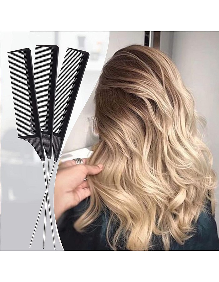 ZOZY Comb Steel Pin Rat Tail Carbon Fiber Heat-Resistant Teasing Comb with Stainless Steel Pintail
