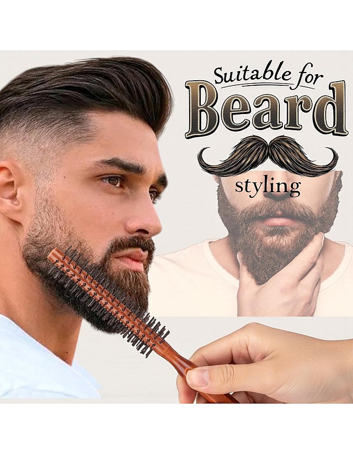 Professional Round Brush, 1-Inch Wooden Handle, Nylon Bristles, Heat Resistant, for Beard Styling, Short Hair, Bangs, Blow Drying, Volumizing