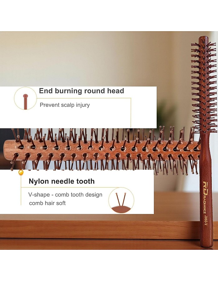 Professional Round Brush, 1-Inch Wooden Handle, Nylon Bristles, Heat Resistant, for Beard Styling, Short Hair, Bangs, Blow Drying, Volumizing