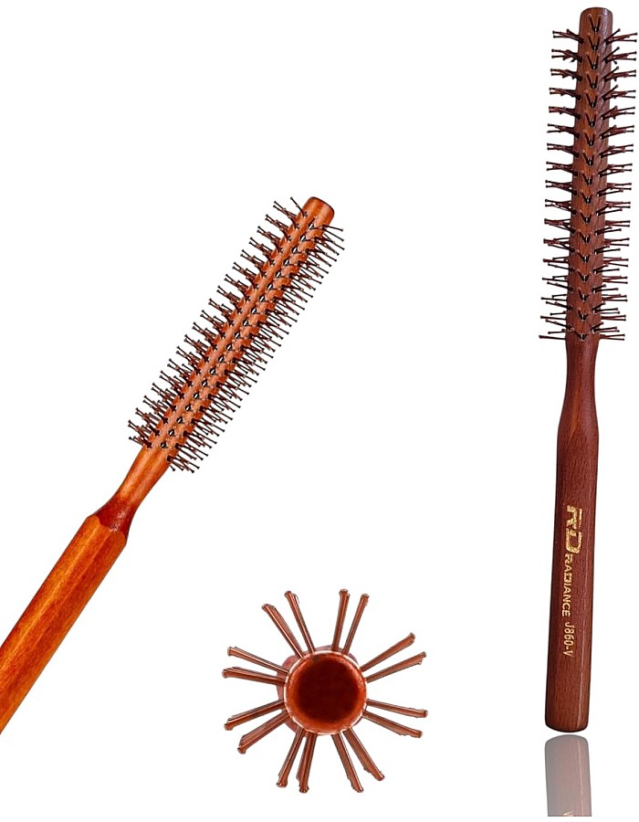 Professional Round Brush, 1-Inch Wooden Handle, Nylon Bristles, Heat Resistant, for Beard Styling, Short Hair, Bangs, Blow Drying, Volumizing