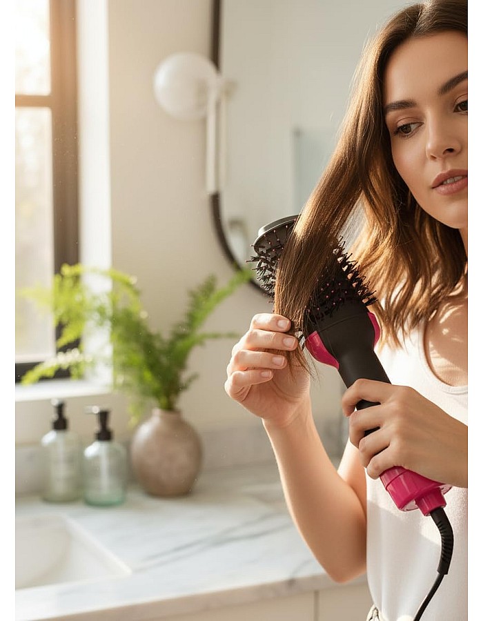Hair Dryer Brush with Black Ion Technology, 1000W,Wide Oval Design 19cm, 3 Heat Settings,360° Airflow Hot Air Brush for Fast Drying & Styling,Ionic Anti-Frizz Technology.