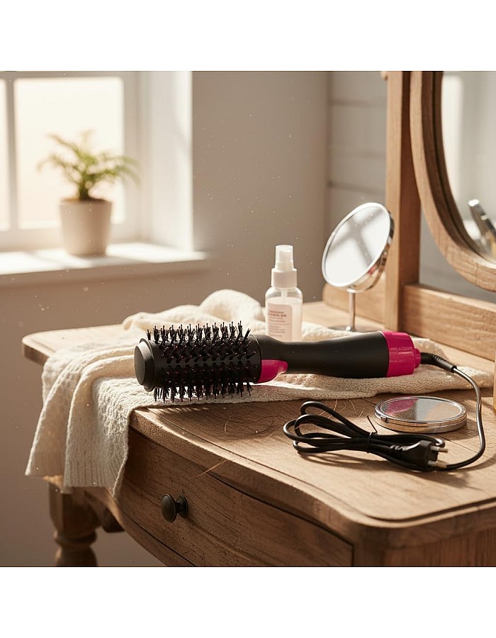 Hair Dryer Brush with Black Ion Technology, 1000W,Wide Oval Design 19cm, 3 Heat Settings,360° Airflow Hot Air Brush for Fast Drying & Styling,Ionic Anti-Frizz Technology.