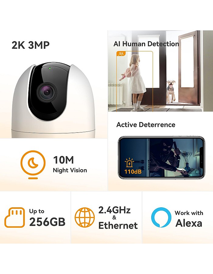 كاميرا مراقبة ذكية بدقة 3 ميجا بكسل من ايمو، تعمل بتقنية واي فاي|تغطي 360 درجة|اكتشاف الإنسان بالذكاء الاصطناعي|جهاز إنذار|رؤية ليلية بمدى 1