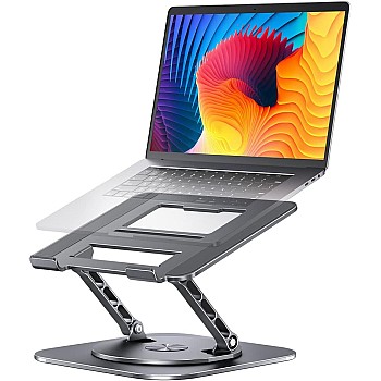AOEVI Adjustable Laptop Stand with 360 Rotating Base, Computer Stand for Laptop Ergonimic Foldable Laptop Riser for Desk Compatible with MacBook Pro/Air Notebook up to 16 Inches, Grey