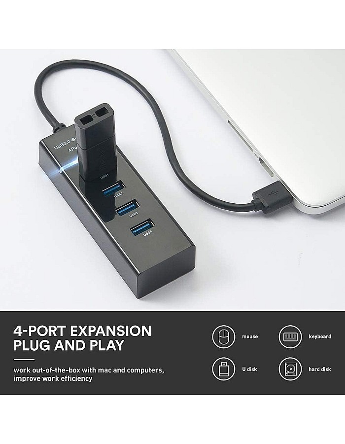 محول موزع USB 3.0 بـ4 منافذ - بيانات فائق النحافة مع كيبل ممتد بطول 30 سم ومؤشر LED متوافق ماك بوك ميني ايباد الكمبيوتر PS4 PS5، ذاكرة فلاش، هارد ديس