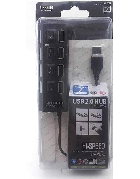 موزع بيانات محمول نحيف للغاية بـ 4 منافذ USB (أسود)