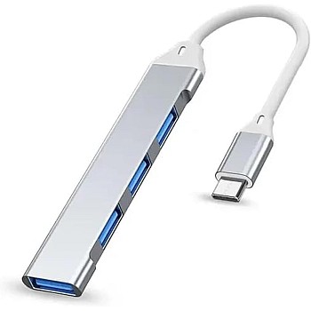 Herfair USB Expander, 4 Ports Type-C to USB 3.0 Adapter, Ultra Slim OTG Dongle Compatible With Windows, MacBook Pro/Air, Chrome - Space Silver