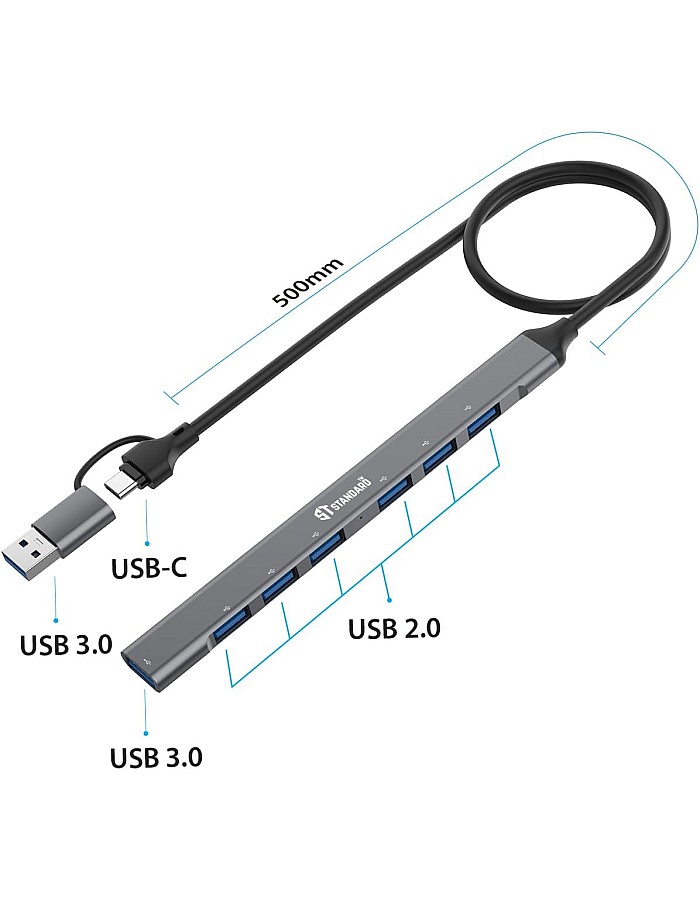 موزع USB قياسي اس تي-ستاندرد طراز UCA-9702 بسبعة منافذ مصنوع من الألومنيوم