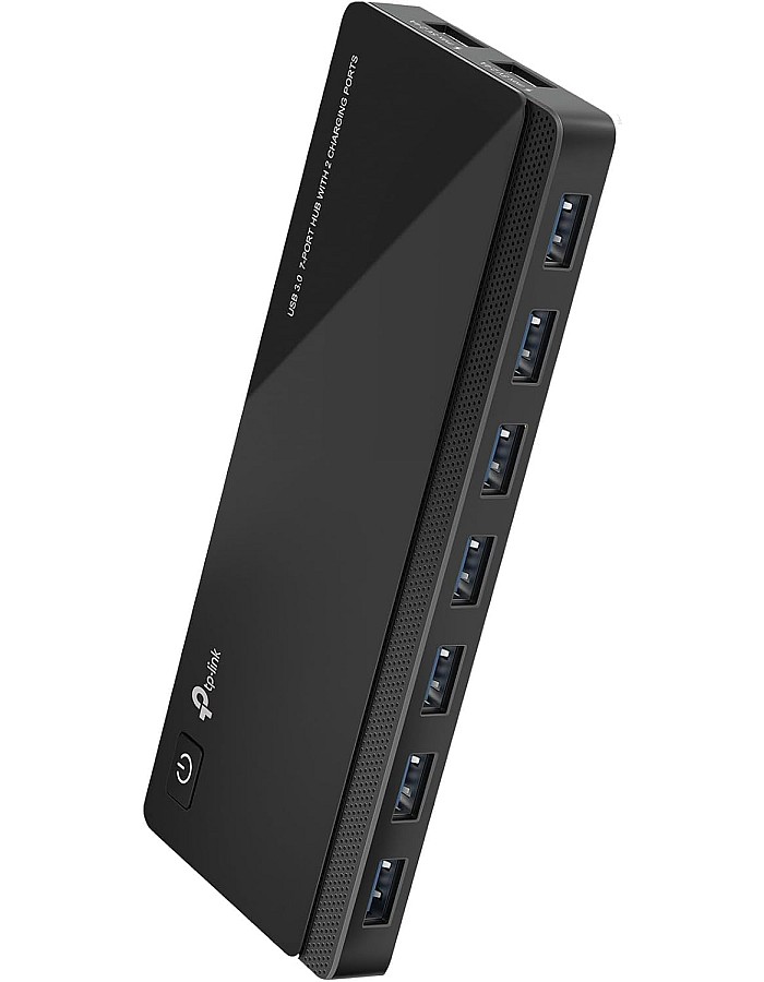 موزع USB 3.0 بـ 7 منافذ بيانات ومنفذي شحن ذكيين من تي بي -لينك، متوافق مع نظام التشغيل ويندوز وماك وكروم ولينكس، زر تشغيل/إيقاف، تصميم محول