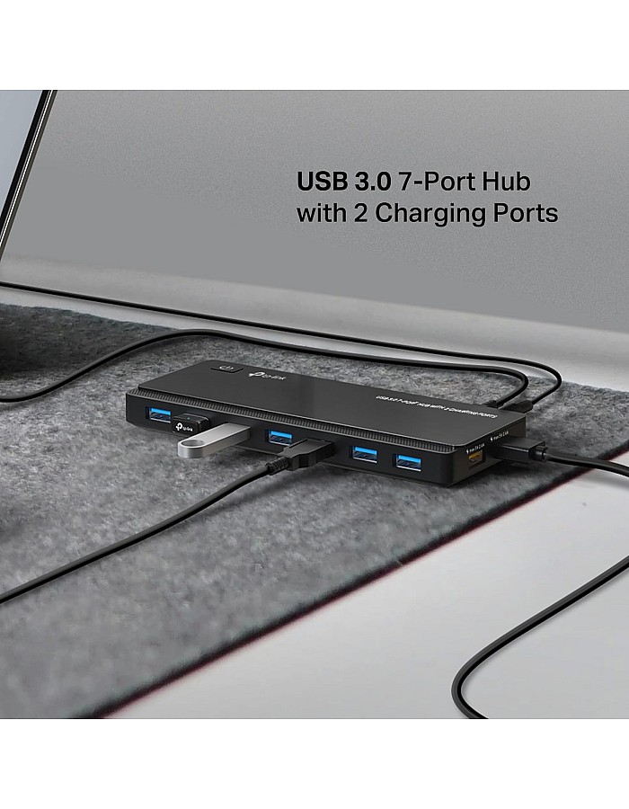 موزع USB 3.0 بـ 7 منافذ بيانات ومنفذي شحن ذكيين من تي بي -لينك، متوافق مع نظام التشغيل ويندوز وماك وكروم ولينكس، زر تشغيل/إيقاف، تصميم محول
