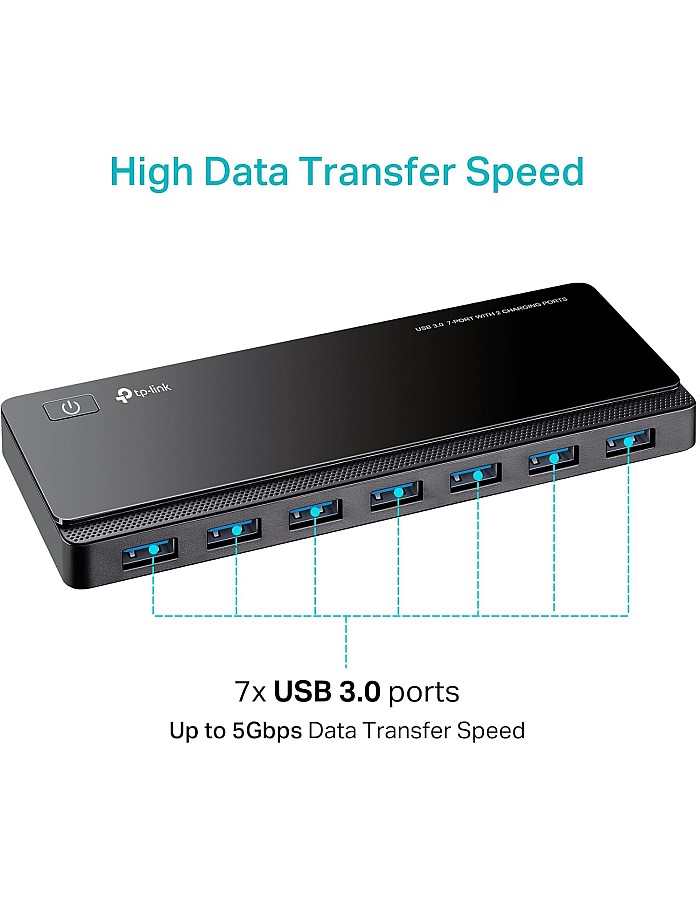 موزع USB 3.0 بـ 7 منافذ بيانات ومنفذي شحن ذكيين من تي بي -لينك، متوافق مع نظام التشغيل ويندوز وماك وكروم ولينكس، زر تشغيل/إيقاف، تصميم محول