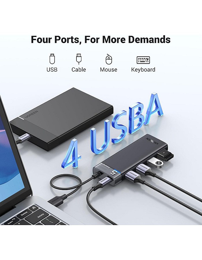 موزع USB 3.0 بـ4 منافذ لنقل البيانات بسرعة عالية 5 جيجابايت في الثانية مع مصدر طاقة C للكمبيوتر واللاب توب وذاكرة فلاش وهارد HDD محمول وويندوز م