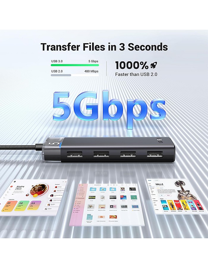 موزع USB 3.0 بـ4 منافذ لنقل البيانات بسرعة عالية 5 جيجابايت في الثانية مع مصدر طاقة C للكمبيوتر واللاب توب وذاكرة فلاش وهارد HDD محمول وويندوز م