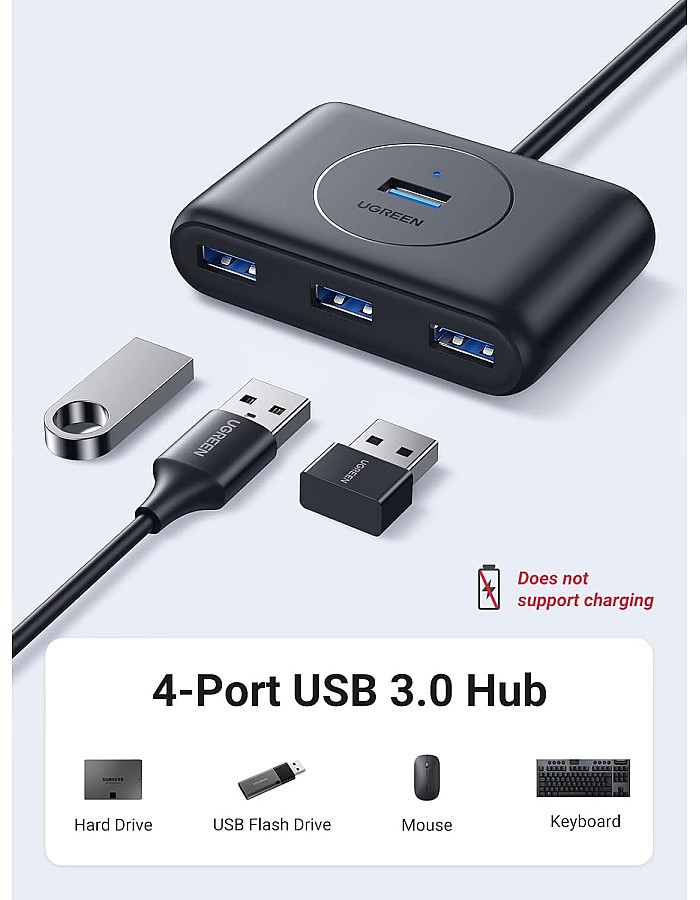 موزع USB 3.0 4 في 1 لنقل البيانات بسرعة 5 جيجابايت في الثانية من يوجرين للكمبيوتر واللاب توب والقرص الصلب الخارجي وذاكرة الفلاش ميموري ولوحة ا