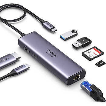 موزع USB نوع C 7 في 1 من يوجرين مع جيجابت ايثرنت 4K @60Hz HDMI، شحن بي دي 100 وات، قارئ بطاقات SD/TF، منفذين USB 3.0، قاعدة USB C متوافقة مع ماك M1، M2، اي باد، آ