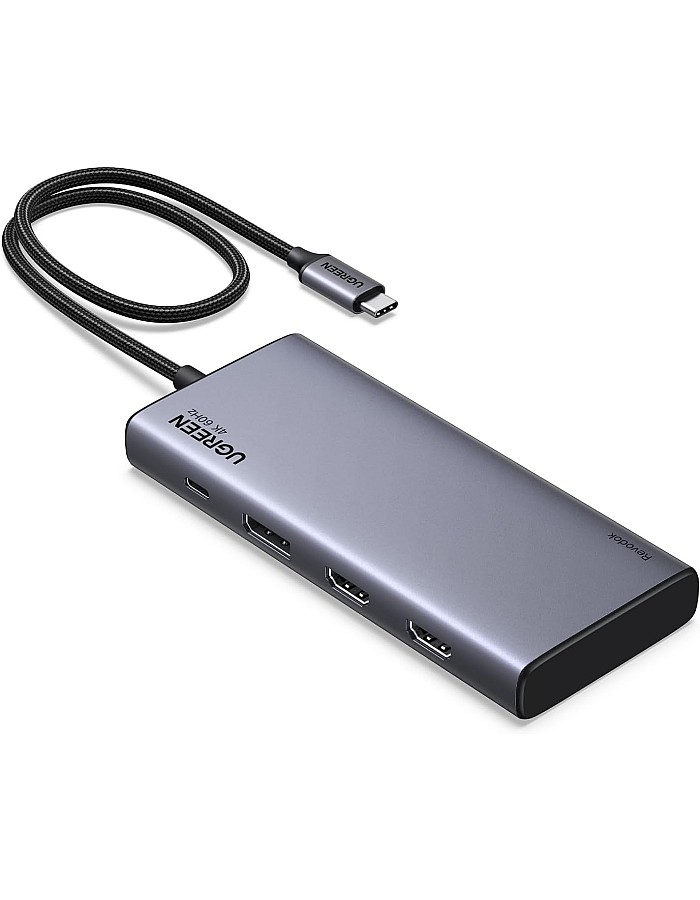 قاعدة توصيل ريفودوك برو 308 ثلاثية العرض من يوجرين، موزع USB C 2HDMI DP (4K @ 60Hz كحد أقصى)، 10Gbps 4 × منافذ USB (2 USB A و2 USB C)، PD 100 وات، متوافقة مع ماك بوك اي