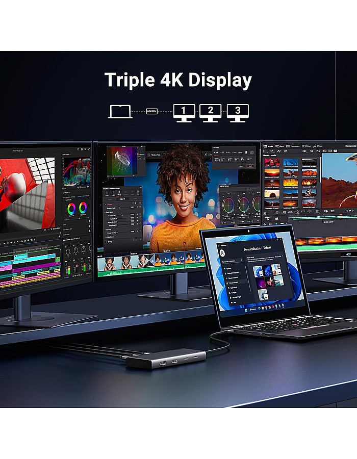 قاعدة توصيل ريفودوك برو 308 ثلاثية العرض من يوجرين، موزع USB C 2HDMI DP (4K @ 60Hz كحد أقصى)، 10Gbps 4 × منافذ USB (2 USB A و2 USB C)، PD 100 وات، متوافقة مع ماك بوك اي