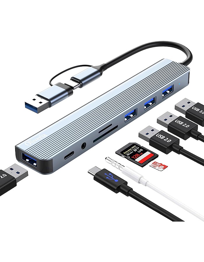 موزع USB C، محول USB C متعدد المنافذ 8 في 1 مع USB 3.0، USB 2.0، بيانات USB-C، صوت 3.5، قارئ بطاقات SD/TF، موزع USB متعدد متوافق مع ماك بوك، اللابتوب، الكمبيوت