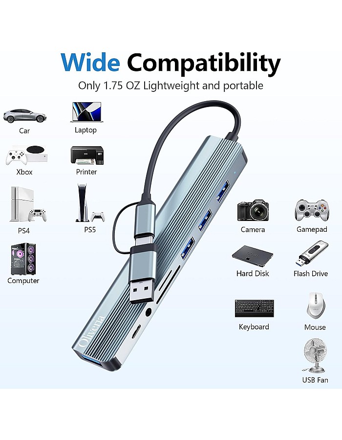 موزع USB C، محول USB C متعدد المنافذ 8 في 1 مع USB 3.0، USB 2.0، بيانات USB-C، صوت 3.5، قارئ بطاقات SD/TF، موزع USB متعدد متوافق مع ماك بوك، اللابتوب، الكمبيوت