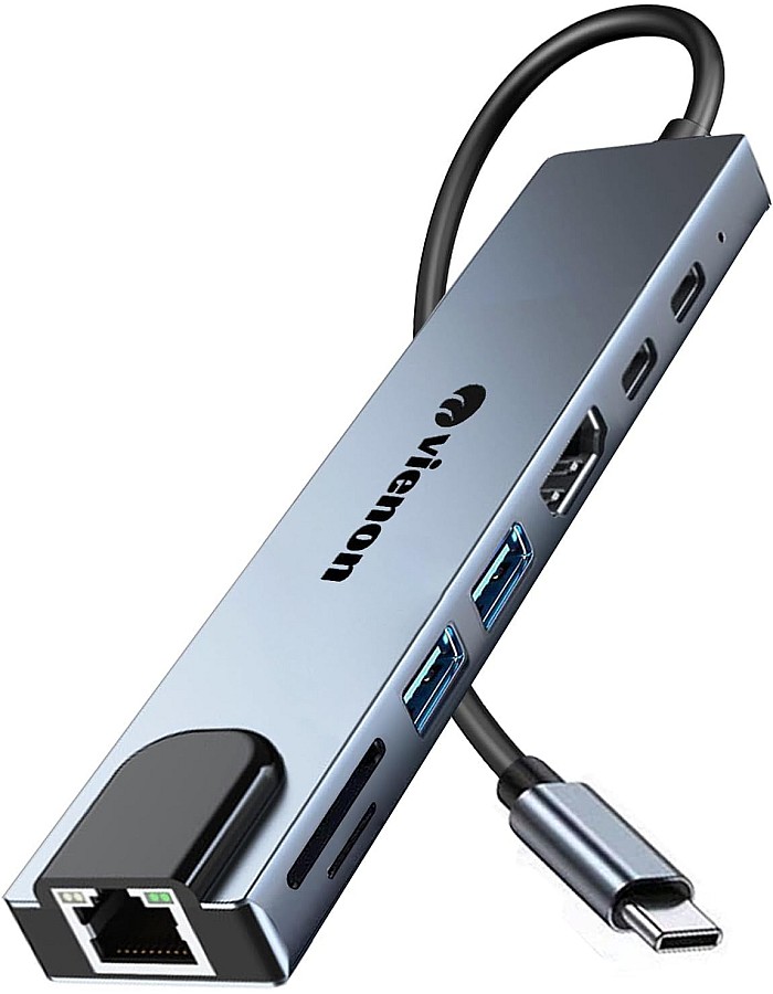 موزع USB نوع C ‏8 في 1 مع HDMI بدقة 4K وإيثرنت بوصلة RJ45 وقارئ بطاقات SD/TF وUSB 3.0/2.0 وتقنية شحن بي دي 100 وات ودونجل شبكة محلية USB نوع C لأجهزة ماك بوك بر