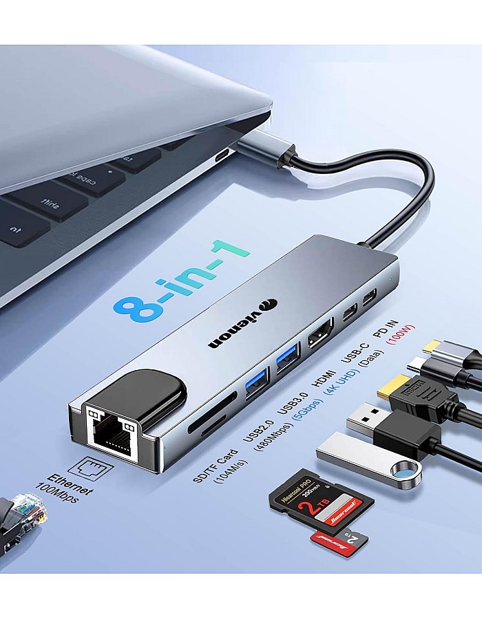 موزع USB نوع C ‏8 في 1 مع HDMI بدقة 4K وإيثرنت بوصلة RJ45 وقارئ بطاقات SD/TF وUSB 3.0/2.0 وتقنية شحن بي دي 100 وات ودونجل شبكة محلية USB نوع C لأجهزة ماك بوك بر