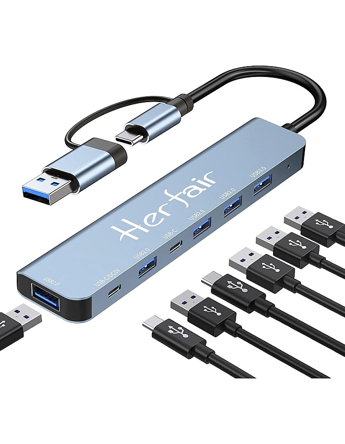 USB C Port Hub Aluminum 7 in 1 Multiport USB Extender Splitter Adapter with USB 3.0/2.0 Docking Station for MacBook Pro/Air/iPad Pro/Surface Pro/HP Laptop/Galaxy Phones (1 to 7)