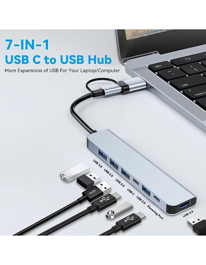 USB C Port Hub Aluminum 7 in 1 Multiport USB Extender Splitter Adapter with USB 3.0/2.0 Docking Station for MacBook Pro/Air/iPad Pro/Surface Pro/HP Laptop/Galaxy Phones (1 to 7)