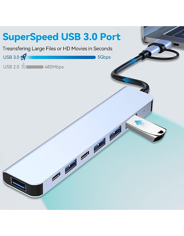 USB C Port Hub Aluminum 7 in 1 Multiport USB Extender Splitter Adapter with USB 3.0/2.0 Docking Station for MacBook Pro/Air/iPad Pro/Surface Pro/HP Laptop/Galaxy Phones (1 to 7)