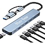 USB C Port Hub Aluminum 7 in 1 Multiport USB Extender Splitter Adapter with USB 3.0/2.0 Docking Station for MacBook Pro/Air/iPad Pro/Surface Pro/HP Laptop/Galaxy Phones (1 to 7)