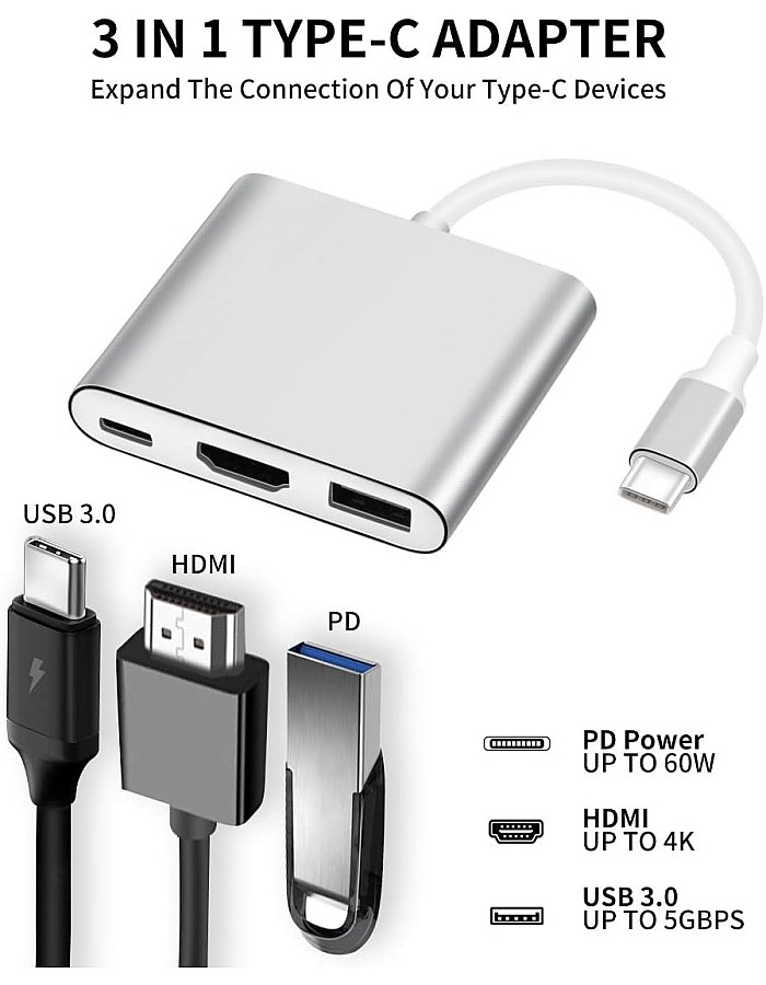 محول USB نوع سي إلى HDMI، محول ايه في رقمي متعدد المنافذ من USB 3.1 نوع سي إلى HDMI 4K مع منفذ USB 3.0 لجهاز ماك متعدد المنافذ لأجهزة ماك بوك برو وS8 بلس وS