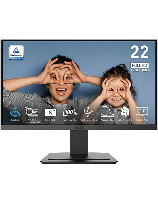 شاشة كمبيوتر MSI PRO MP223 E2، 22 بوصة، VA، 1920 × 1080 (FHD)، 100 هرتز، مزامنة تكيفية، HDMI، منفذ فيديو، منفذ عرض، قابلة للتركيب على حامل VESA، إمالة، 1 مللي ثا
