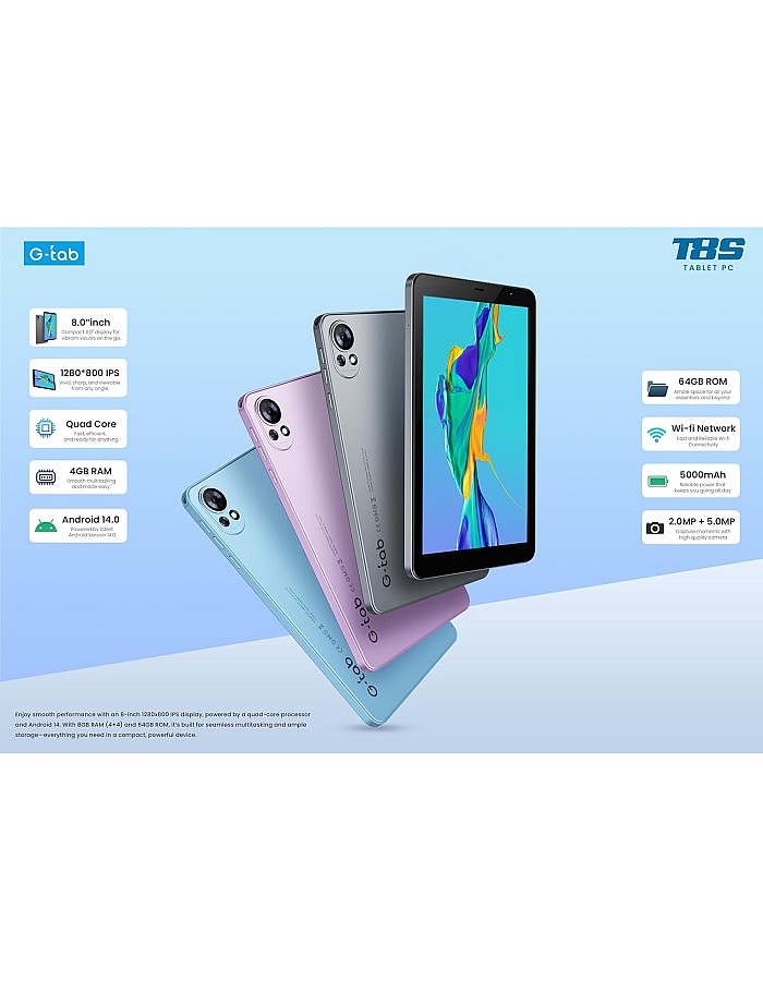 تابلت T8S شبكة واي فاي الجيل الخامس 5G، ذاكرة رام: 4+4 GB، ذاكرة ROM: 64GB، شاشة IPS LCD 8 بوصة 800×1280، بطارية 5000 mAh بنظام أندرويد 14 وكاميرا أمامية 2MP وخلف