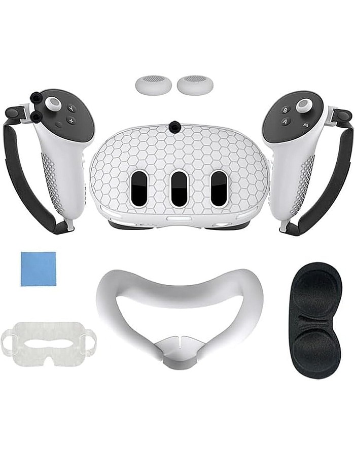 حافظة حماية 7 في 1 من السيليكون لميتا كويست 3 2023 فكرة مجموعة واقية لذراع التحكم وغطاء عدسة الوجه اسود .