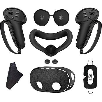 Fekra 7 in 1 VR Accessories Compatible with Meta Oculus Quest 3s 2024, Silicone Face Cover, Protective Lens Cover,5 Disposable Eye Cover, VR Cleaning Cloth, 2 Thumb Grips(Black)