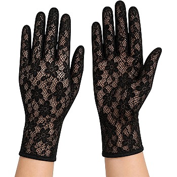 Black Lace Gloves for Women, Floral Pattern, Sheer Wrist Length, Elegant Evening Style